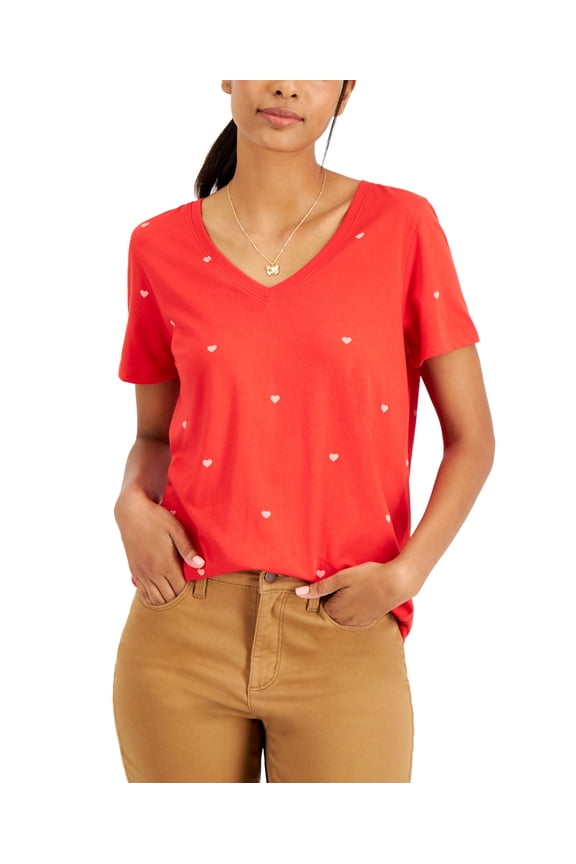 Style & Co Heart Print Classic Short Sleeve T-Shirt Open Heart Red M
