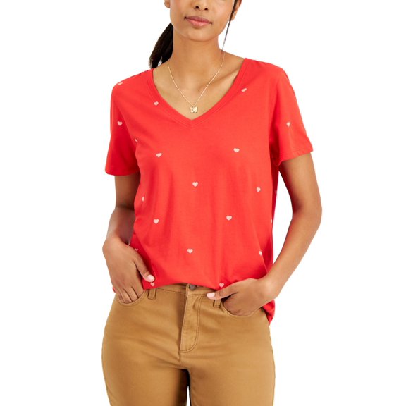 Style & Co Heart Print Classic Short Sleeve T-Shirt Open Heart Red XL