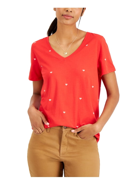 Style & Co Heart Print Classic Short Sleeve T-Shirt Open Heart Red XL