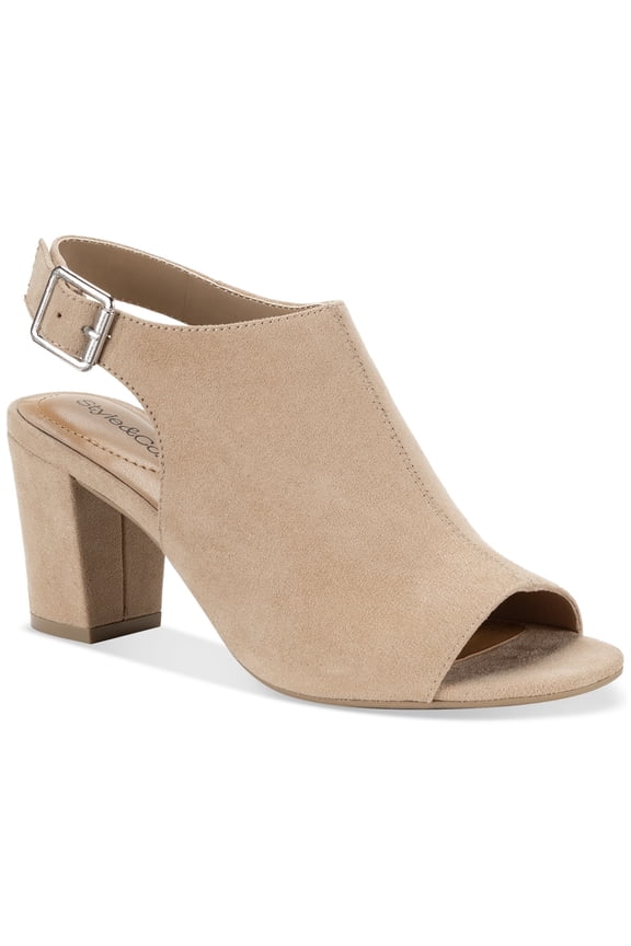 Style Co; Heels Buckle Closure Open Round Toe Heels, Mid Heel Light Taupe, 7.5