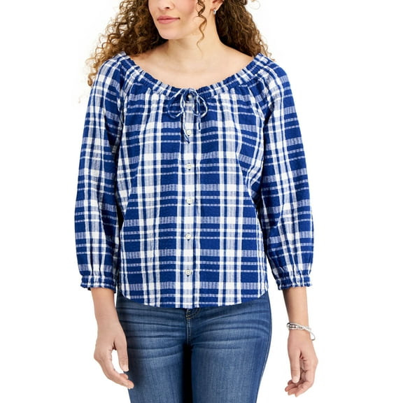 Style & Co Indigo Peasant Top Lines Blue XL