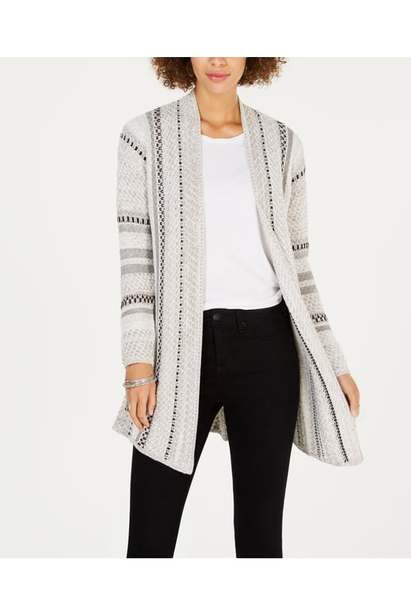 Style & Co Jacquard Stripe Open Front Cardigan Grey Black Combo XL