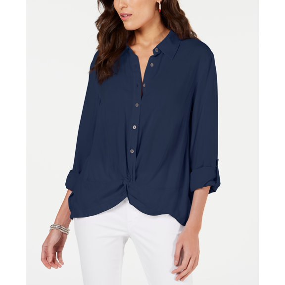 Style & Co Knot Front Button Up Top Timeless Navy 2XL