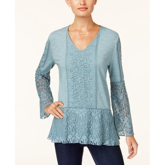 Style & Co Lace Bell Sleeve Top Blue M