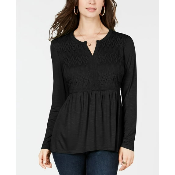 Style & Co Lace Front Draped Top Deep Black XL