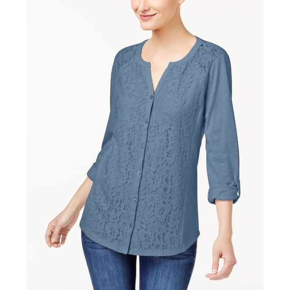 Style & Co Lace Panel Knit Shirt Blue Fog M