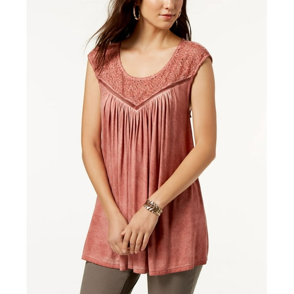 Style & Co Lace Trim Sleeveless Swing Top Rich Auburn XS