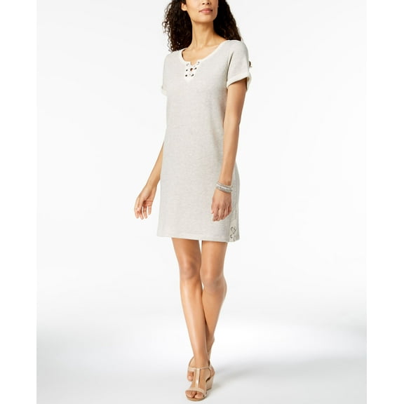 Style & Co Lace Up T-Shirt Dress Light Grey Heather M