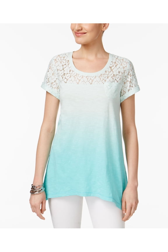 Style & Co Lace Yoke Ombre Top Aqua Brook S