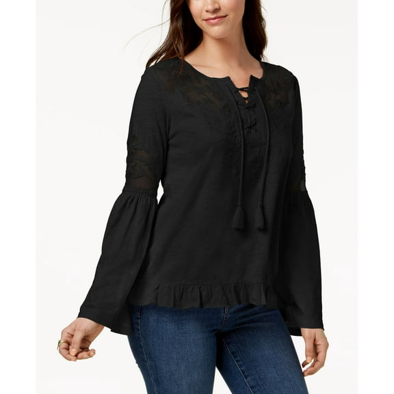 Style & Co Mesh Inset Peasant Top Deep Black XL