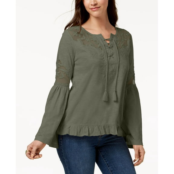 Style & Co Mesh Inset Peasant Top Sage XL