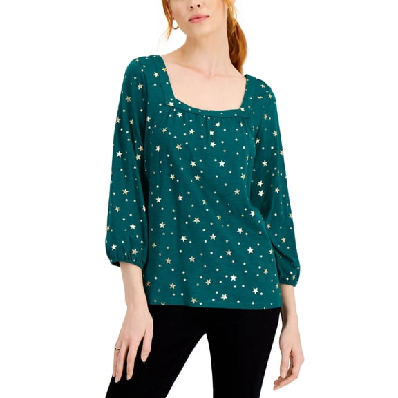 Style & Co Metallic Print Peasant Blouse Aventurine Star 2XL