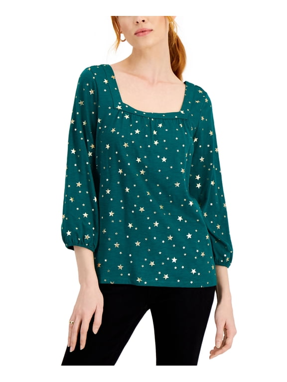 Style & Co Metallic Print Peasant Blouse Aventurine Star 2XL