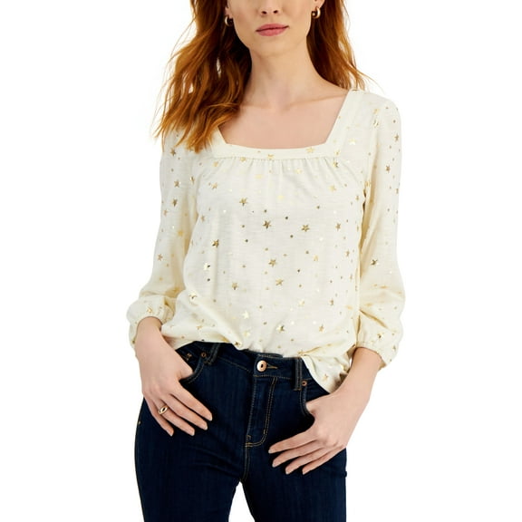 Style & Co Metallic Print Peasant Blouse Ivory Stars S