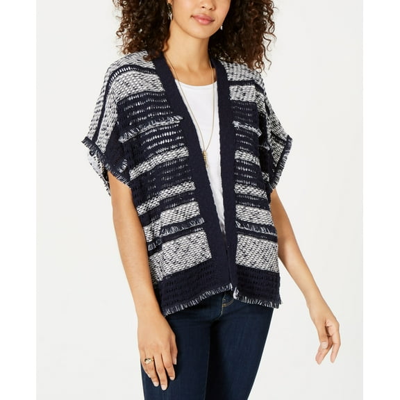 Style & Co Mixed Knit Fringe Trim Cardigan Blue Combo 2XL