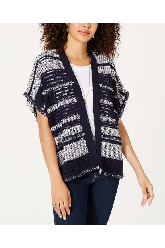 Style & Co Mixed Knit Fringe Trim Cardigan Blue Combo 2XL