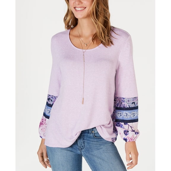 Style & Co Mixed Media Bubble Sleeve Top Purple Painted Mix M