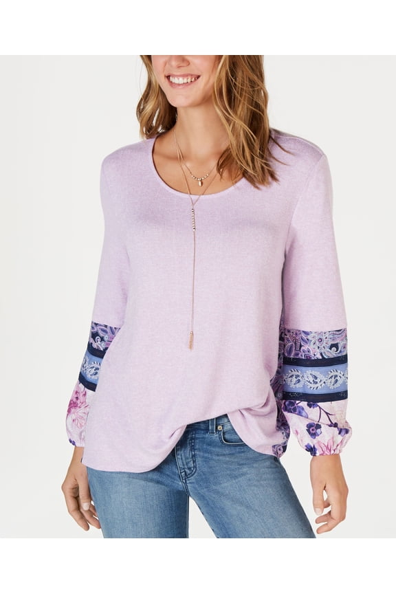 Style & Co Mixed Media Bubble Sleeve Top Purple Painted Mix S