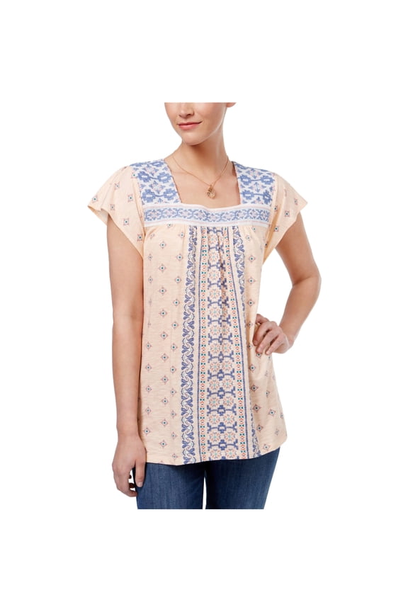 Style & Co Mixed Print Mesh Bib Top Cameo L