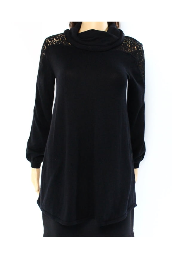 Womens Petites Lace Cowl-Neck Pullover Sweater Deep Black PS