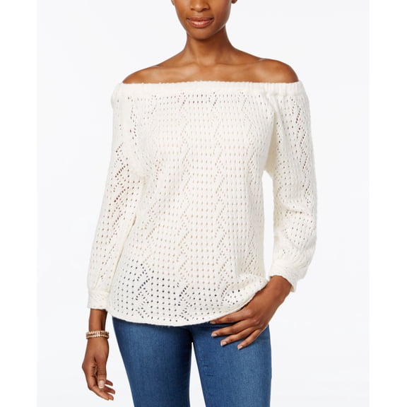 Style & Co Off The Shoulder Open Knit Sweater Warm Ivory S