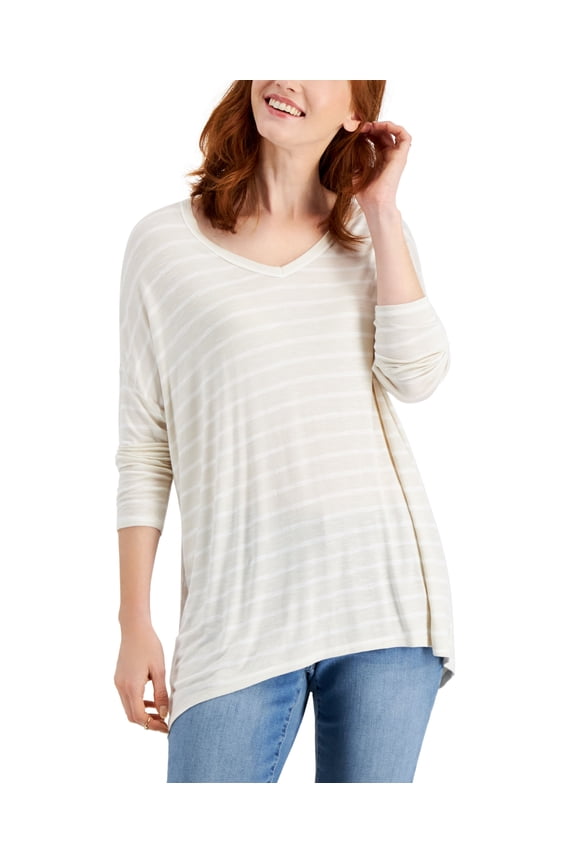 Style & Co Oversized Striped V Neck Knit Top Antique Cream 2XL