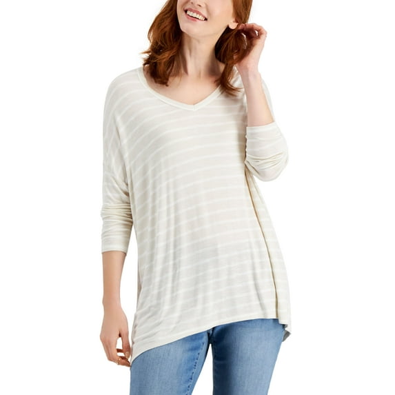 Style & Co Oversized Striped V Neck Knit Top Antique Cream 2XL