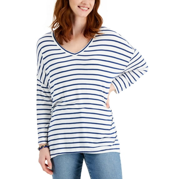 Style & Co Oversized Striped V Neck Knit Top Bright White L