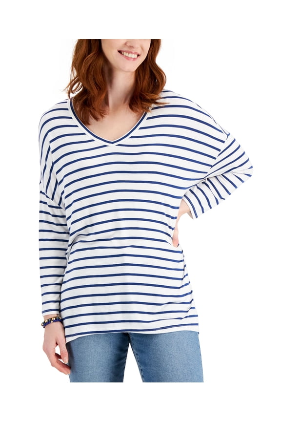 Style & Co Oversized Striped V Neck Knit Top Bright White L