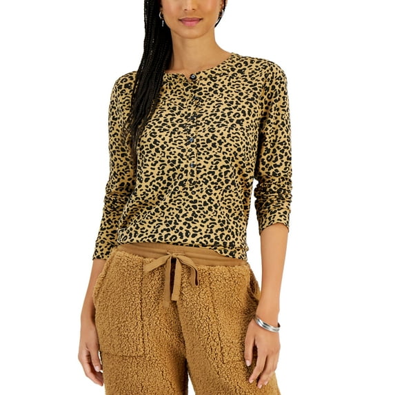 Style & Co Petite Animal Print Henley Knit Top Toffee Leopard PS