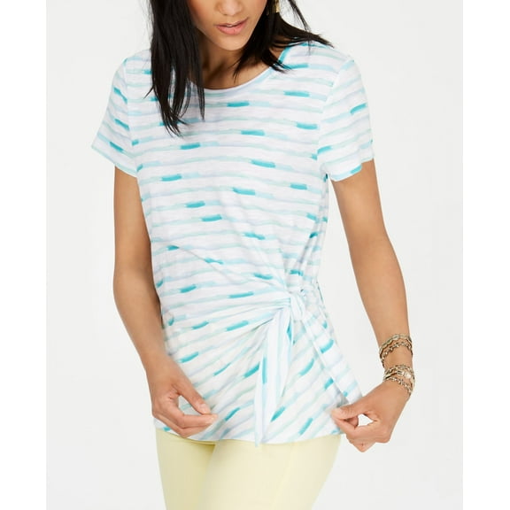 Style & Co Petite Brushstroke Bliss Tie Side Top Brush Teal PL