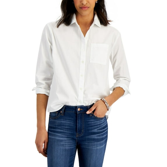 Style & Co Petite Button Down Boyfriend Shirt Bright White PL
