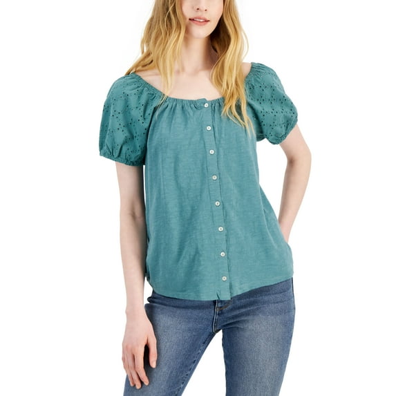 Style & Co Petite Buttoned Off-The-Shoulder Top Sagebrush Green PM