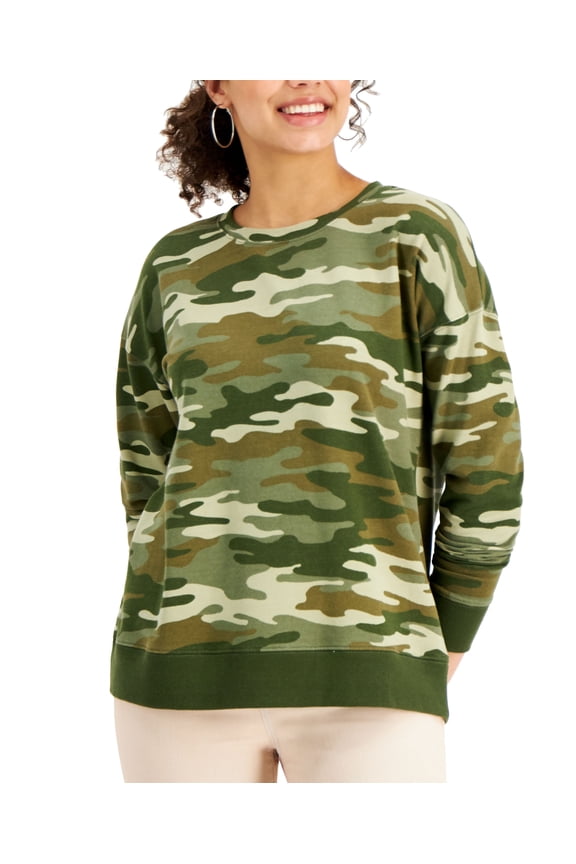 Style & Co Petite Camouflage Print Sweatshirt Camo Green PM