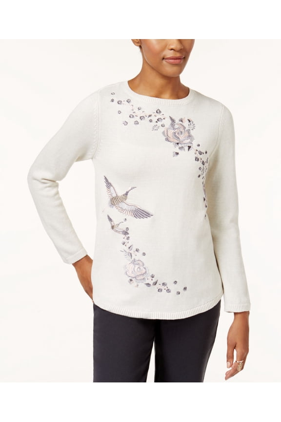 Style & Co Petite Cotton Embroidered Sweater White Heather Combo PXS
