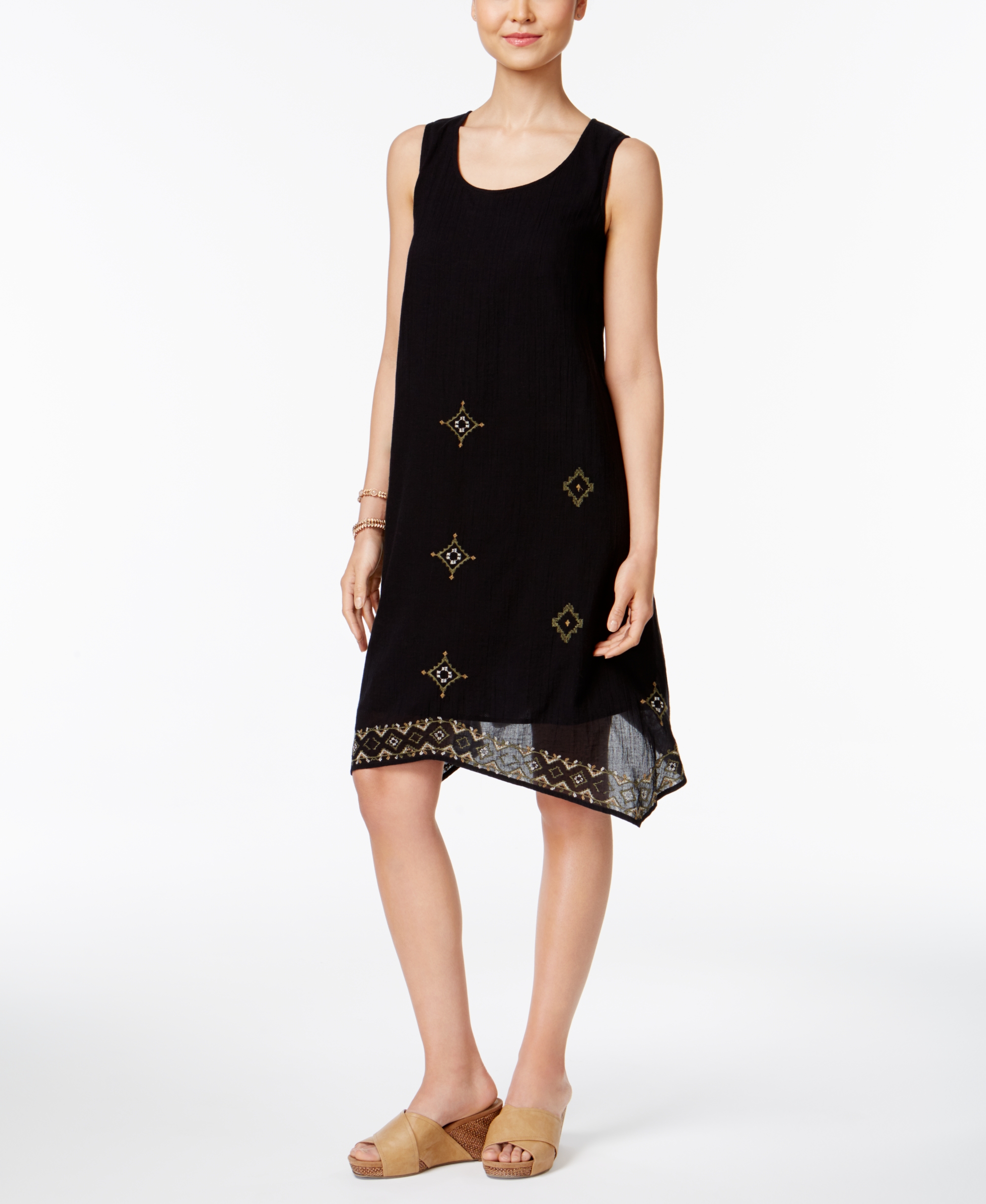 Style Co Petite Cotton Embroidered Swing Dress Black PXS