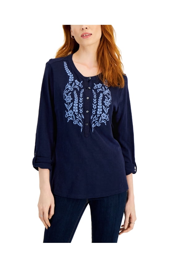 Style & Co Petite Cotton Embroidered Top Industrial Embroidery PL