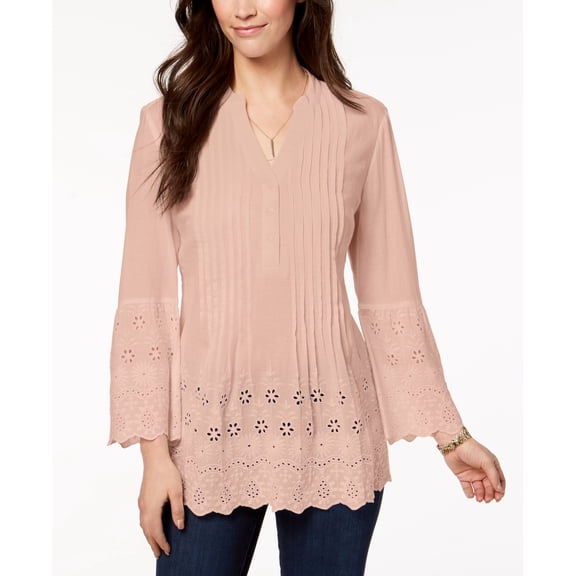 Style & Co Petite Cotton Eyelet Split Neck Top Crushed Petal PS