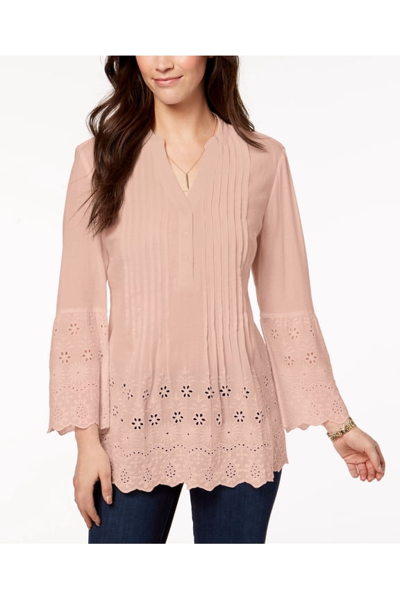Style & Co Petite Cotton Eyelet Split Neck Top Crushed Petal PS