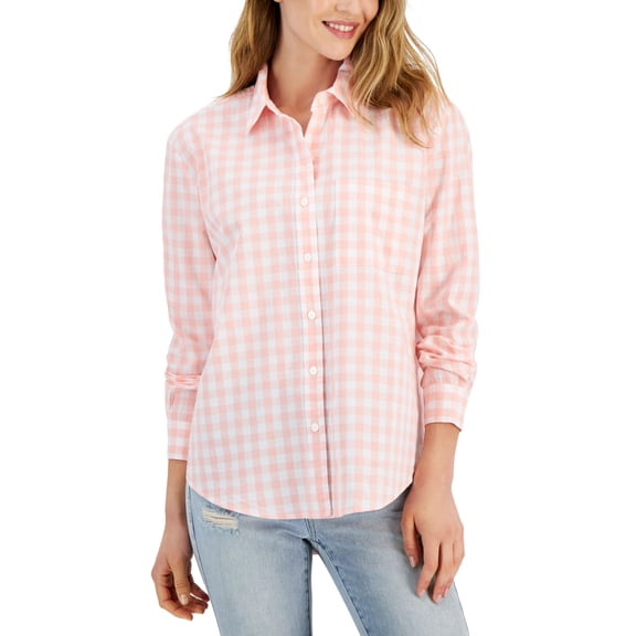 Style & Co Petite Cotton Gingham Boyfriend Shirt Gingham Pink PM