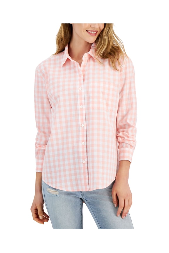 Style & Co Petite Cotton Gingham Boyfriend Shirt Gingham Pink PM