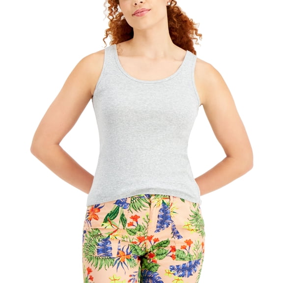 Style & Co Petite Cotton Heathered Ribbed Tank Top Light Grey Heather PL