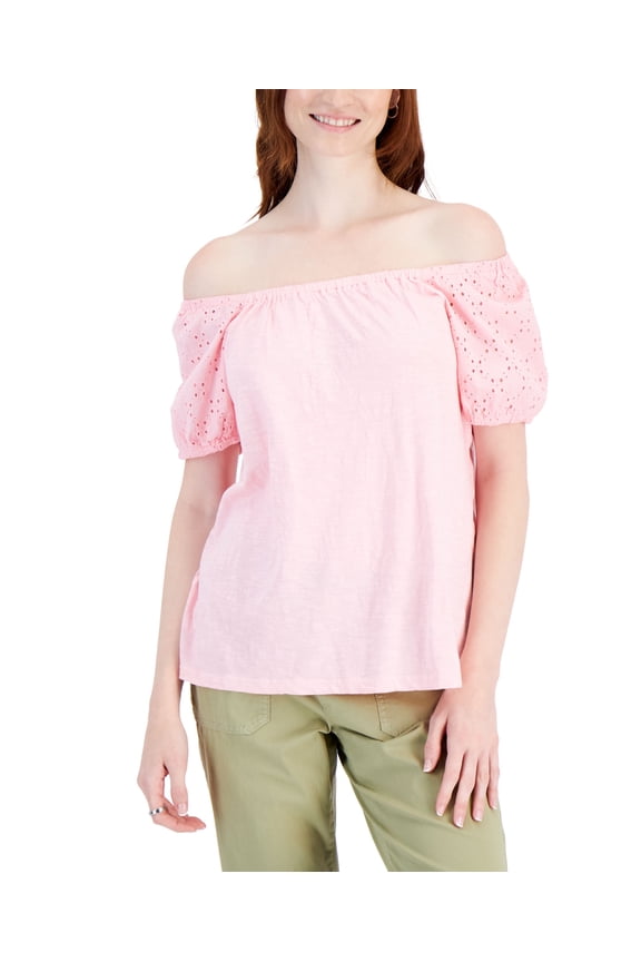Style & Co Petite Cotton Off The Shoulder Top Pink Icing PXS