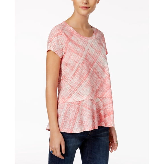 Style & Co Petite Cotton Plaid Peplum Top Plaid Cream Blush PL