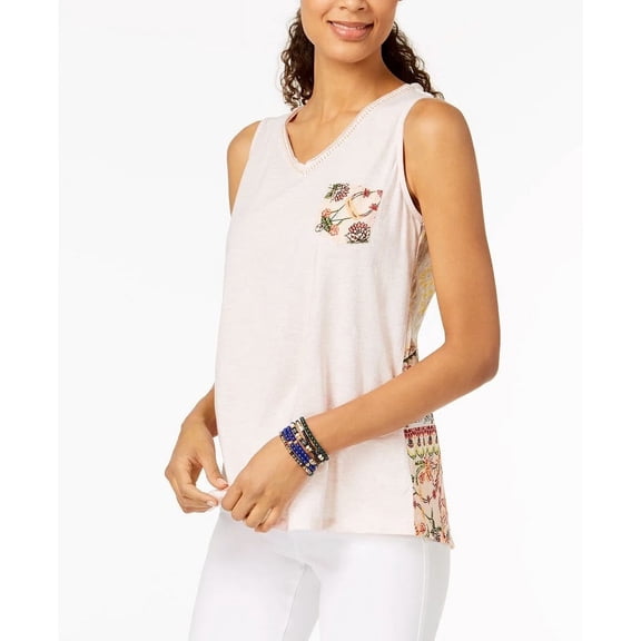 Style & Co Petite Cotton Printed Crochet Back Top Pink Scarf PM