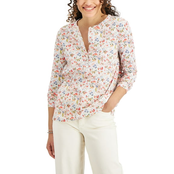 Style & Co Petite Cotton Printed Henley Top White Meadow PXS