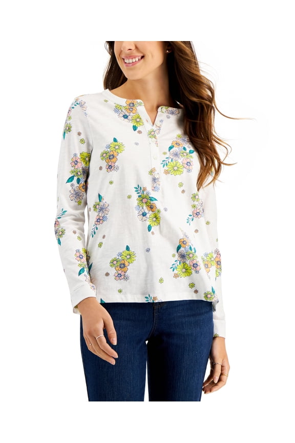 Style & Co Petite Cotton Printed Top Retro White PS