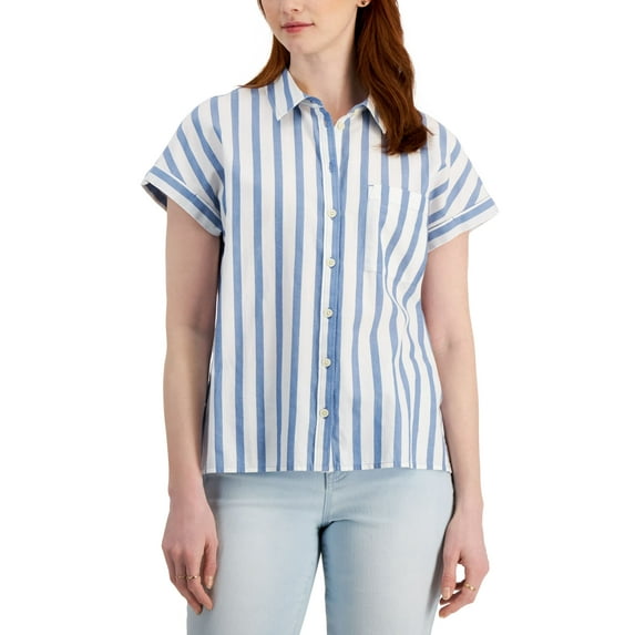 Style & Co Petite Cotton Striped Camp Shirt Stripe Camas PL