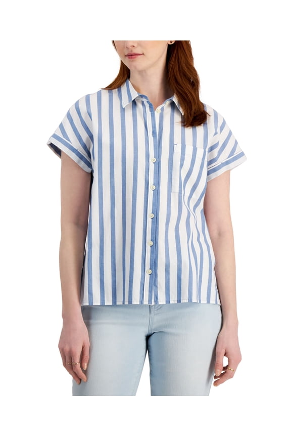 Style & Co Petite Cotton Striped Camp Shirt Stripe Camas PL