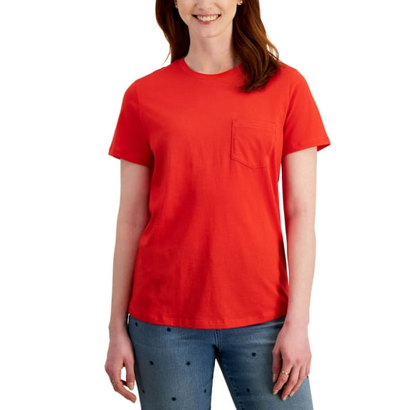 Style & Co Petite Crewneck Pocket T-Shirt Loving Red PXL